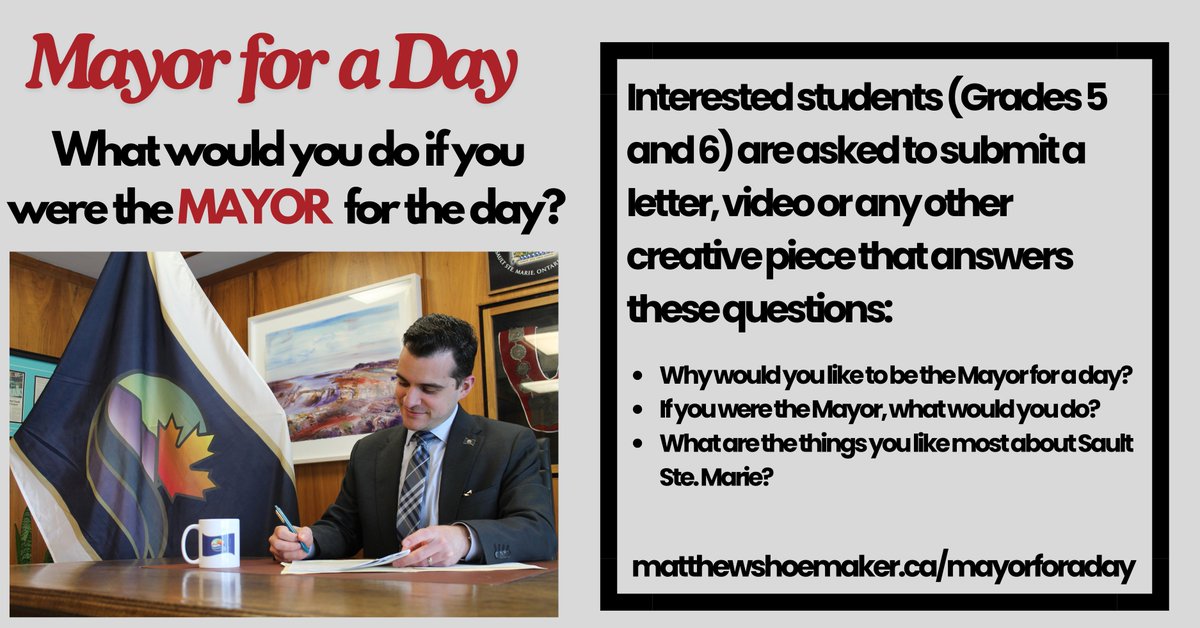 The Mayor for a Day contest continues to be a great way to get young people interested in their municipal government! I encourage grade 5/6 students to make a submission. Details at: matthewshoemaker.ca/mayorforaday