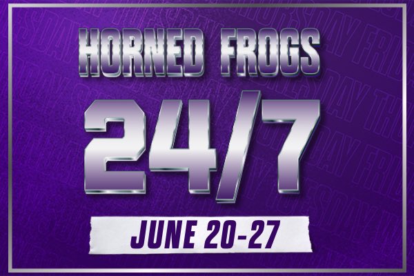 The countdown is on. ⏳
24 teams. 7 days. 1 incredible opportunity to show up for TCU student-athletes.

💜 Horned Frogs 24/7 starts June 20.
Get ready to go all in. #GoFrogs #HornedFrogs247