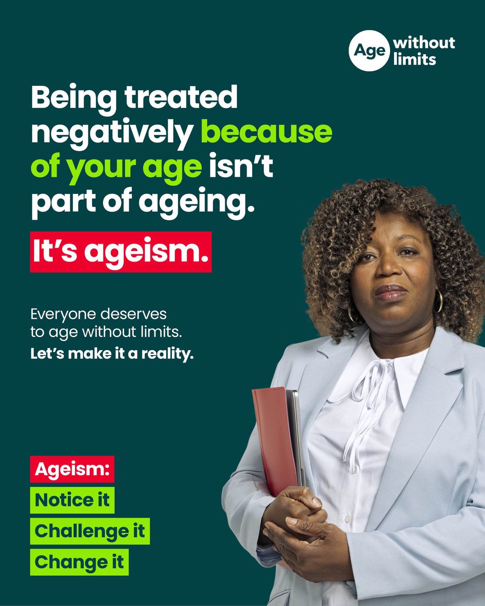 MCC_AFMTeam's tweet image. Today is #AgeWithoutLimits Day — a time for us all to unite and take action to end ageism.
In our homes, communities, and workplaces, let’s challenge stereotypes and build a world where everyone is valued at every age. #EndAgeism #AgePositive #ValuingOlderPeople #AgeFriendlyMCR