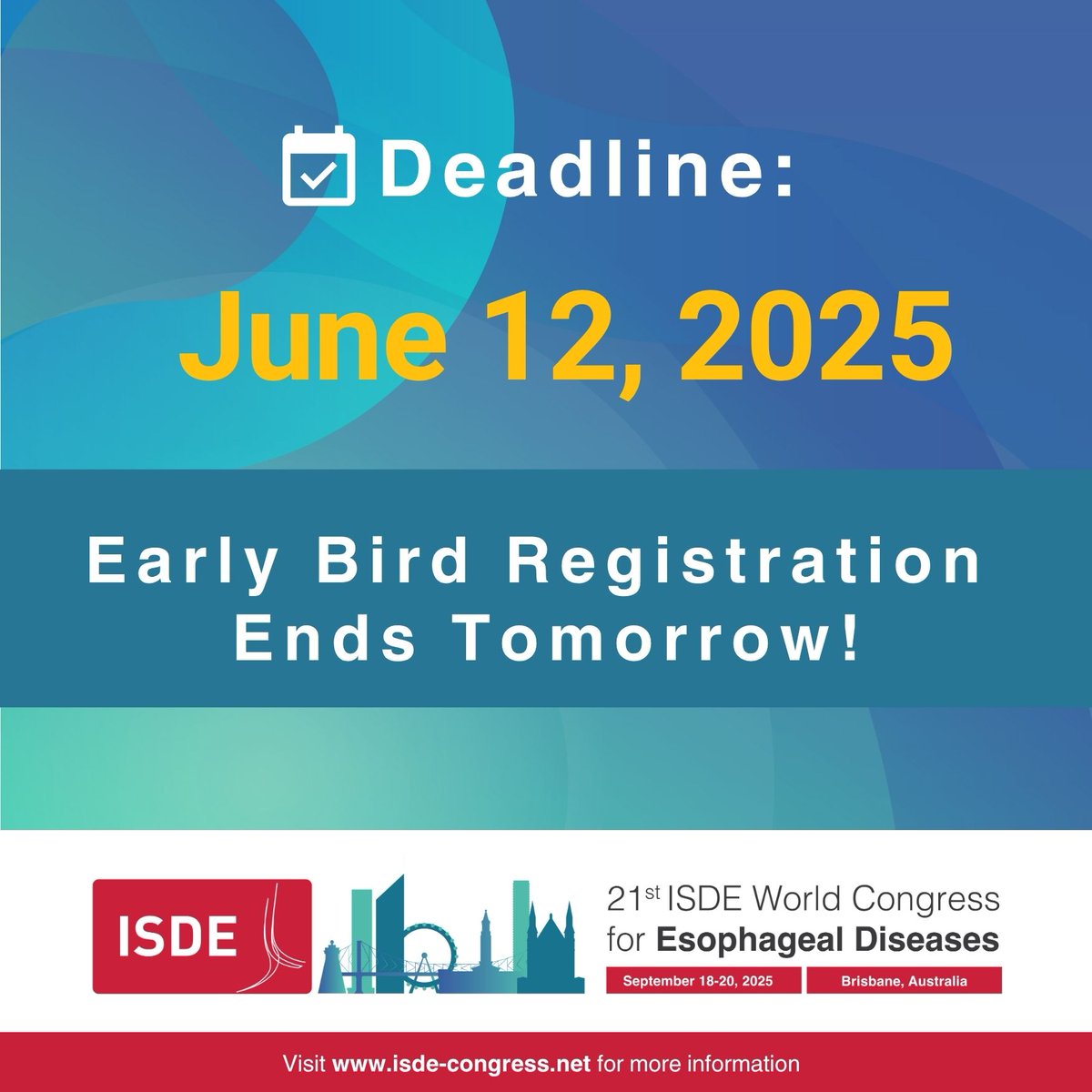 ISDE_net's tweet image. This is your final chance to register for #ISDE2025. Don't miss out on your access to one of the most influential global gatherings in esophageal care. Register now and secure your spot isde-congress.net/registration/
#ISDE #Esophagus #Esosphageal