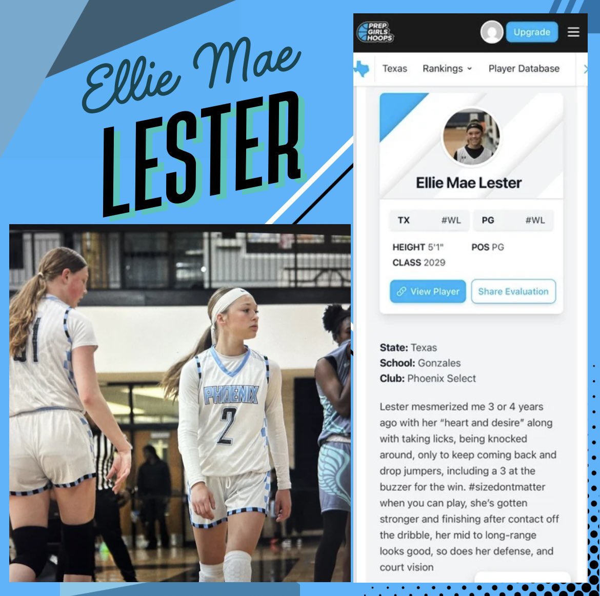 Phoenix Select (@phoenixselect) on Twitter photo 2029 <a href="/EllieMaeLester/">Ellie Mae Lester</a> is playing up with PHX Elite 16U this summer🔥 Another great writeup by <a href="/girlzprepreport/">Girlz Prep Report</a> on her!
Ellie is also on the <a href="/PGHTexas/">Prep Girls Hoops Texas</a> 2029 Player Watch List‼️
<a href="/ApachesBball/">Gonzales Lady Apaches Basketball</a> <a href="/Alexmatanic/">Alex Matanic</a> 2029 <a href="/EllieMaeLester/">Ellie Mae Lester</a> is playing up with PHX Elite 16U this summer🔥 Another great writeup by <a href="/girlzprepreport/">Girlz Prep Report</a> on her!
Ellie is also on the <a href="/PGHTexas/">Prep Girls Hoops Texas</a> 2029 Player Watch List‼️
<a href="/ApachesBball/">Gonzales Lady Apaches Basketball</a> <a href="/Alexmatanic/">Alex Matanic</a>