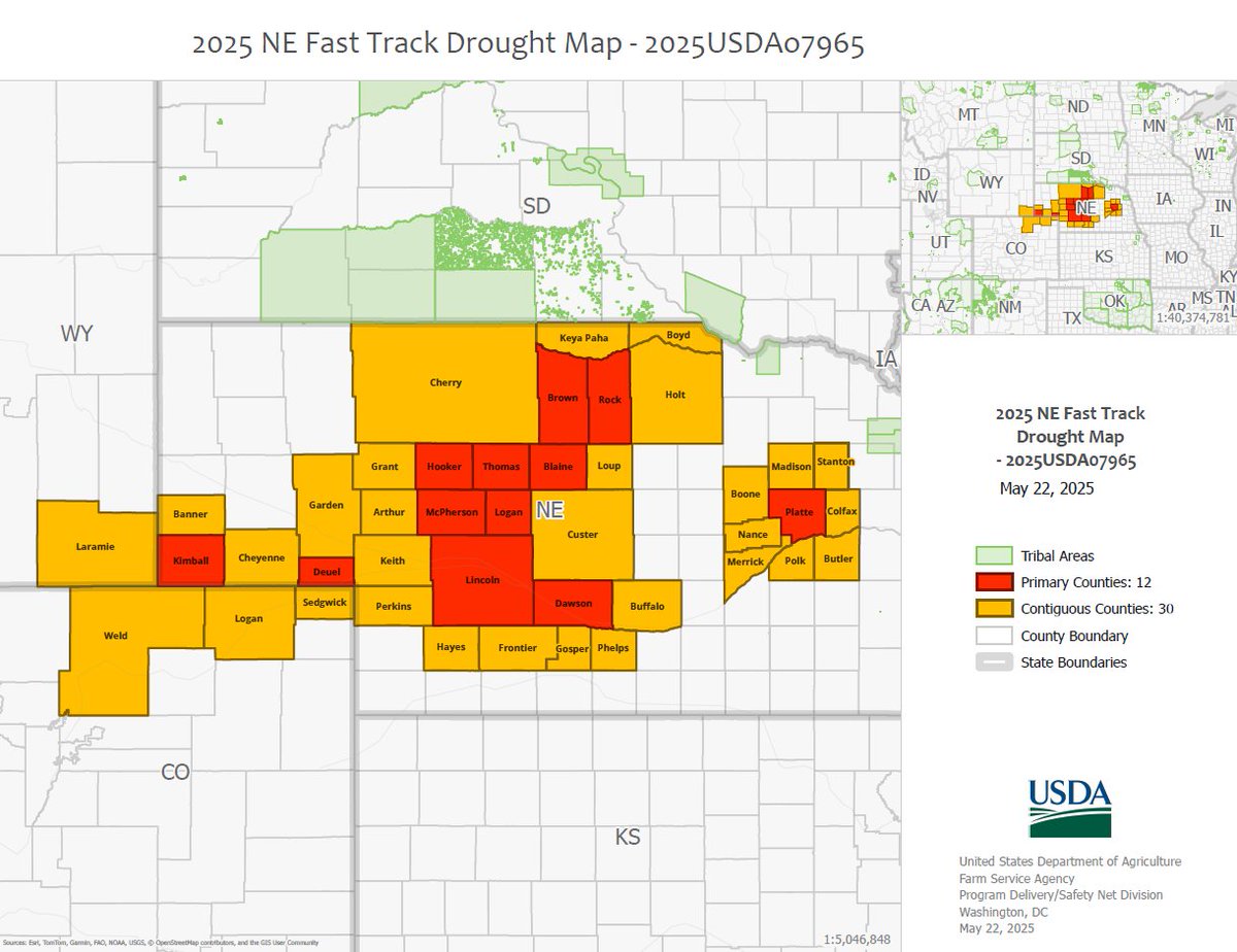 ➡️12 NE counties have been designated as primary natural disaster areas.

A Secretarial disaster designation makes farm operators in primary counties &amp; those counties contiguous to such primary counties eligible to be considered for Farm Service Agency emergency loan assistance.