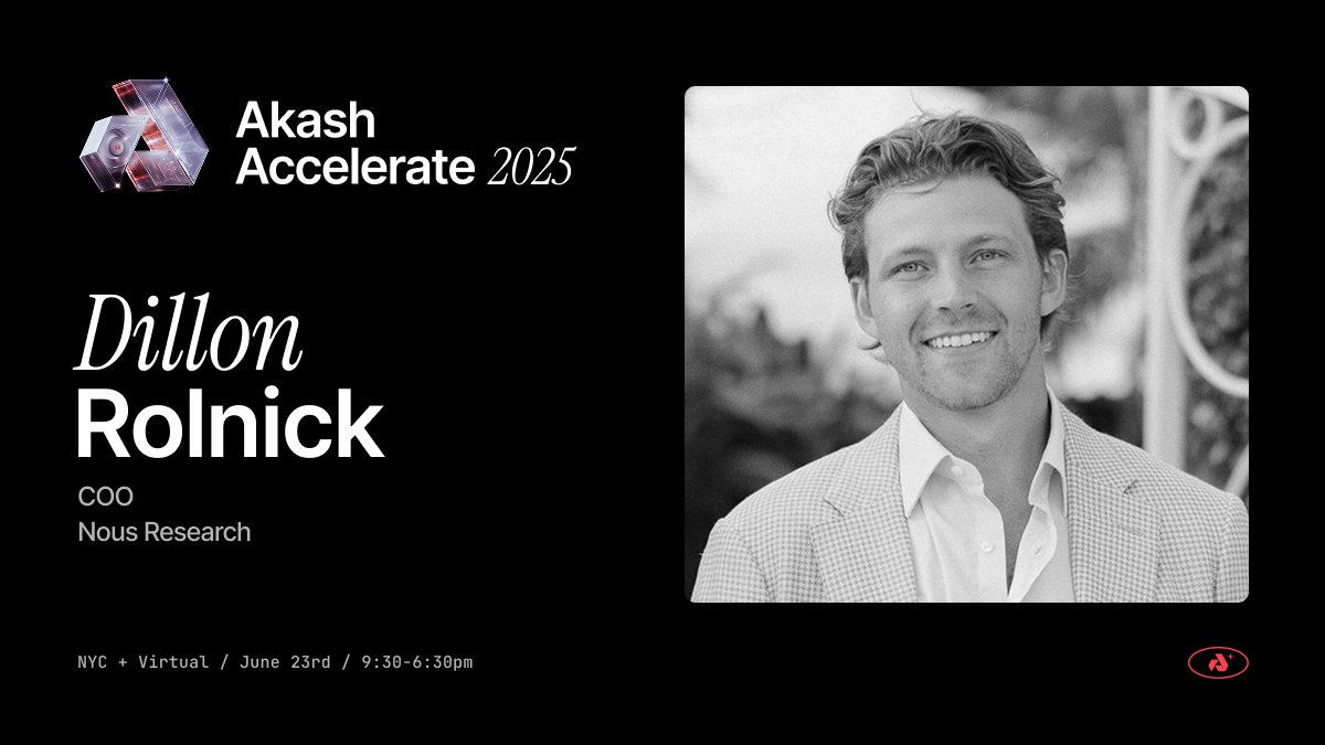 Decentralization is reshaping AI development.

At Akash Accelerate, <a href="/DillonRolnick/">Dill</a> will lay out how <a href="/NousResearch/">Nous Research</a> democratizes AI, including the recent launch of Psyche, a decentralized network for training powerful open-source AI models.

June 23rd • NYC

Register below.