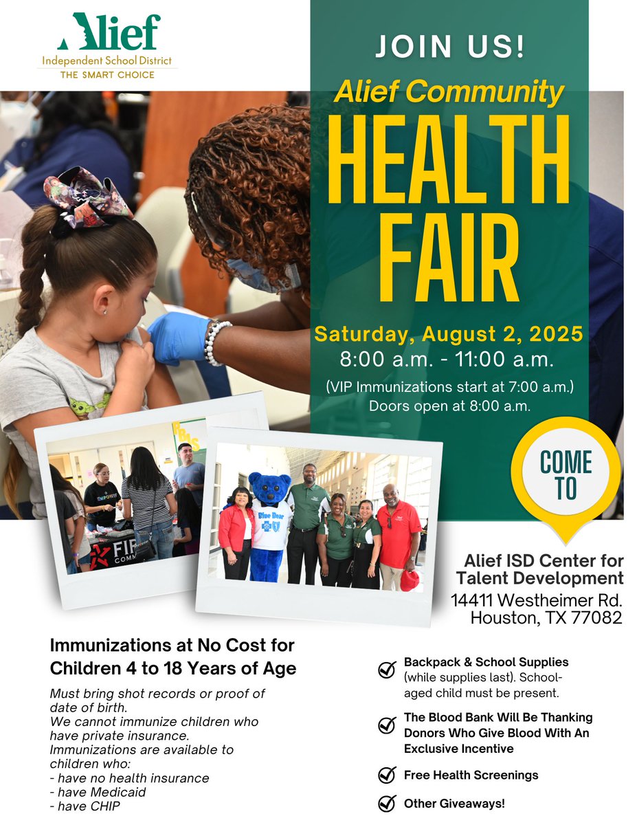 Mark your calendars for the Alief Community Health Fair on Saturday, August 2, 2025! 
🎉 Free immunizations 
🎒 Backpack and school supplies 
🩺 Health screenings 
🎁 Great giveaways
Check the flyer for all the details. See you there!