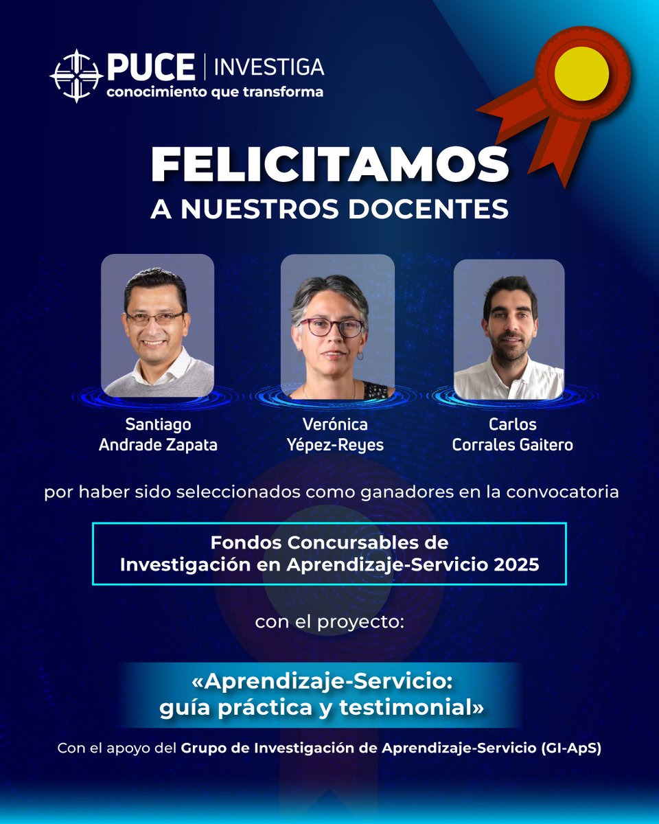 🎉 ¡Felicitamos a nuestros docentes <a href="/vyepezr/">Veronica Yepez-Reyes</a>, <a href="/santiuio/">Santiago Andrade</a> y <a href="/CorralesGaitero/">Carlos Corrales Gaitero</a> !
Su proyecto «Aprendizaje-Servicio: guía práctica y testimonial» ha sido ganador en la Convocatoria a Fondos Concursables de Investigación en Aprendizaje-Servicio 2025 de <a href="/uniservitate/">UNISERVITATE</a> y <a href="/AprendizajeUC/">A+S UC #AprendizajeServicioUC</a> 🏅