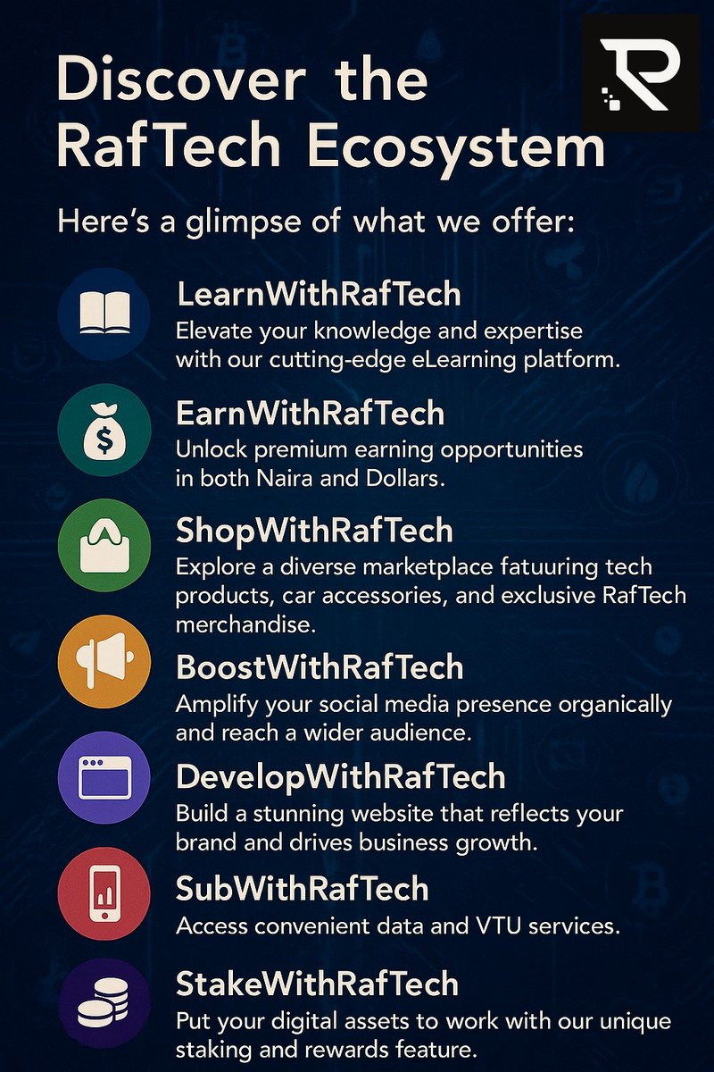 RotimiOfRaftech's tweet image. RafTech App is a holistic digital platform designed to transform how individuals and businesses interact with technology. Powered by RafTech Analytics and Consults Ltd, the #RafTech platform combines FinTech, eLearning, decentralized commerce, and digital empowerment tools—all…