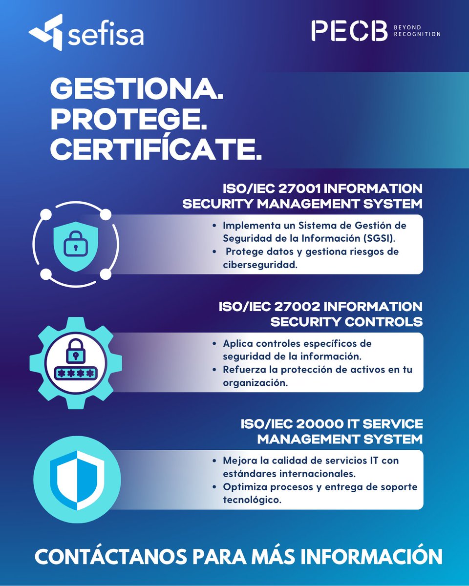 SefisaCA's tweet photo. 🚀Certifícate en los estándares ISO que impulsan tu carrera en ciberseguridad y IT. 

🔹ISO 27001 – Seguridad de la Información
🔹ISO 27002 – Controles
🔹ISO 20000 – Servicios IT

🔒Capacitación oficial con certificación  @PECB 
📩Contáctanos para más información📩 https://t.co/o7yfJ6lPWg