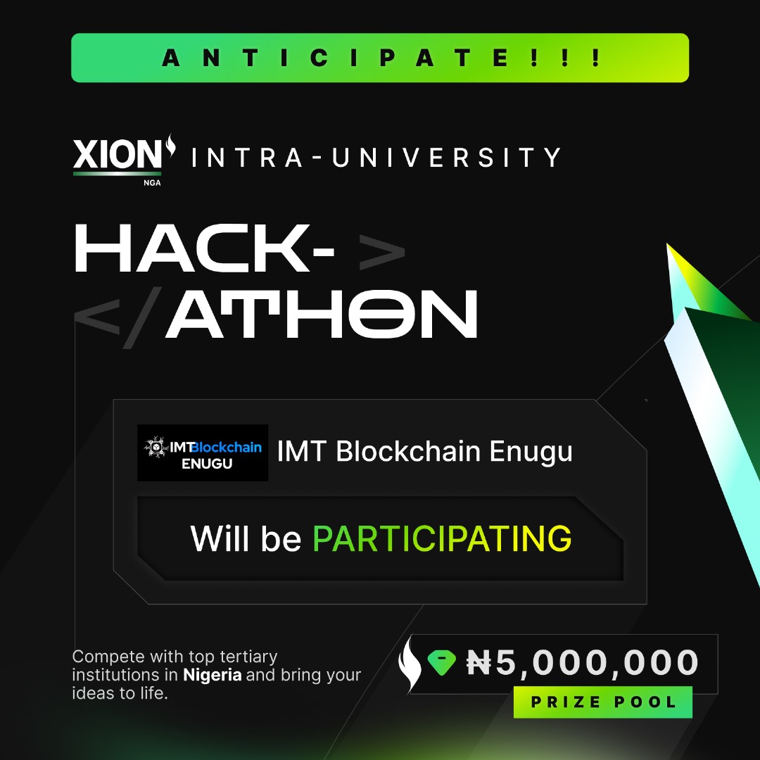IMTBlockChain's tweet image. Grateful to be partnering & participating in the @xion_nigeria Intra-University Hackathon! π₯
IMT Blockchain Enugu is ready to innovate, build & compete! π οΈπ
Big thanks to the organizers!
π° β¦5,000,000 Prize Pool
#IMTBlockchain #XIONHackathon #Web3Nigeria #BuildTheFuture