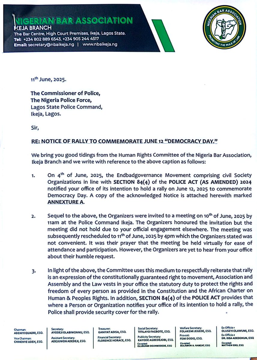 ERC_Rights's tweet photo. BREAKING NEWS

The Nigeria Bar Association (NBA) Ikeja branch backs June 12 protest while warning the police to desist from violating the rights of the organisers, the #Endbadgovernance movement Lagos state and by extension the right of the Nigerian people to freedom of assembly https://t.co/dzA9cOlJ3R