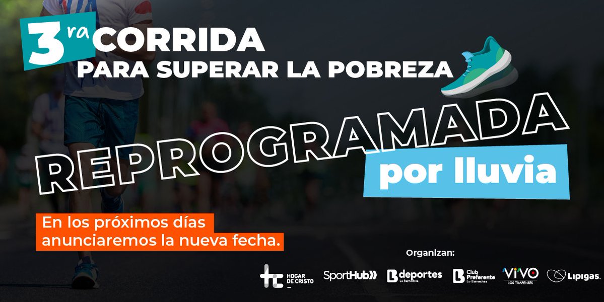 💨 ¡Atención comunidad corredora!

Debido al pronóstico de fuertes lluvias, la 3ra Corrida para Superar la Pobreza, que se realizaría este domingo 15 de junio, ha sido reprogramada 😢

👉 Muy pronto anunciaremos la nueva fecha, que será en la misma comuna, para que podamos