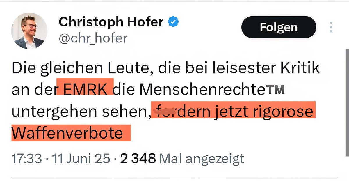 ▶️ Was für ein pietätloser, zynischer Text.

▶️ Was für ein dummer Vergleich.

Das Recht eine Waffe zu tragen ist kein Menschenrecht. Das Verbot der Folter (Art. 3 EMRK) sehr wohl. Wie man im Angesicht toter Jugendlicher damit Politik betreiben kann mit solchen Mitteln...

#Graz