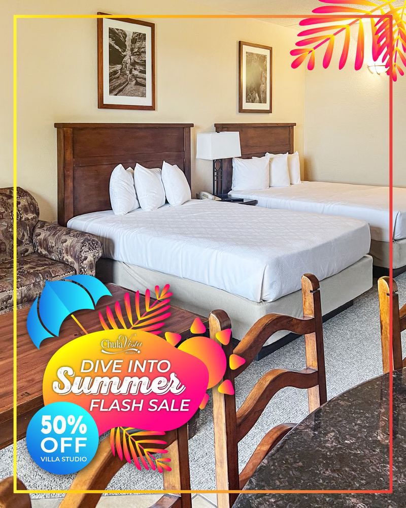 Summer plans? Get 50% OFF Villa Studios at Chula Vista Resort's FLASH SALE! Perfect for any getaway. Offer ends June 12 for stays through Sept 1! Book now: bit.ly/45Mzenh