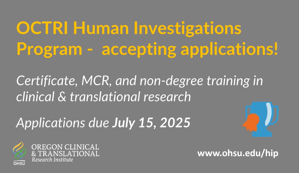 OCTRI: Oregon's CTSA (@ohsuoctri) on Twitter photo OCTRI's Human Investigations Program trains scientists on best practices for clinical and translational research. Researchers from all institutions of higher education in Oregon welcome to apply! Applications due July 15. bit.ly/4bD7wsE #CTSAProgram <a href="/uoregon/">University of Oregon</a> <a href="/UO_Research/">University of Oregon Research</a> OCTRI's Human Investigations Program trains scientists on best practices for clinical and translational research. Researchers from all institutions of higher education in Oregon welcome to apply! Applications due July 15. bit.ly/4bD7wsE #CTSAProgram <a href="/uoregon/">University of Oregon</a> <a href="/UO_Research/">University of Oregon Research</a>