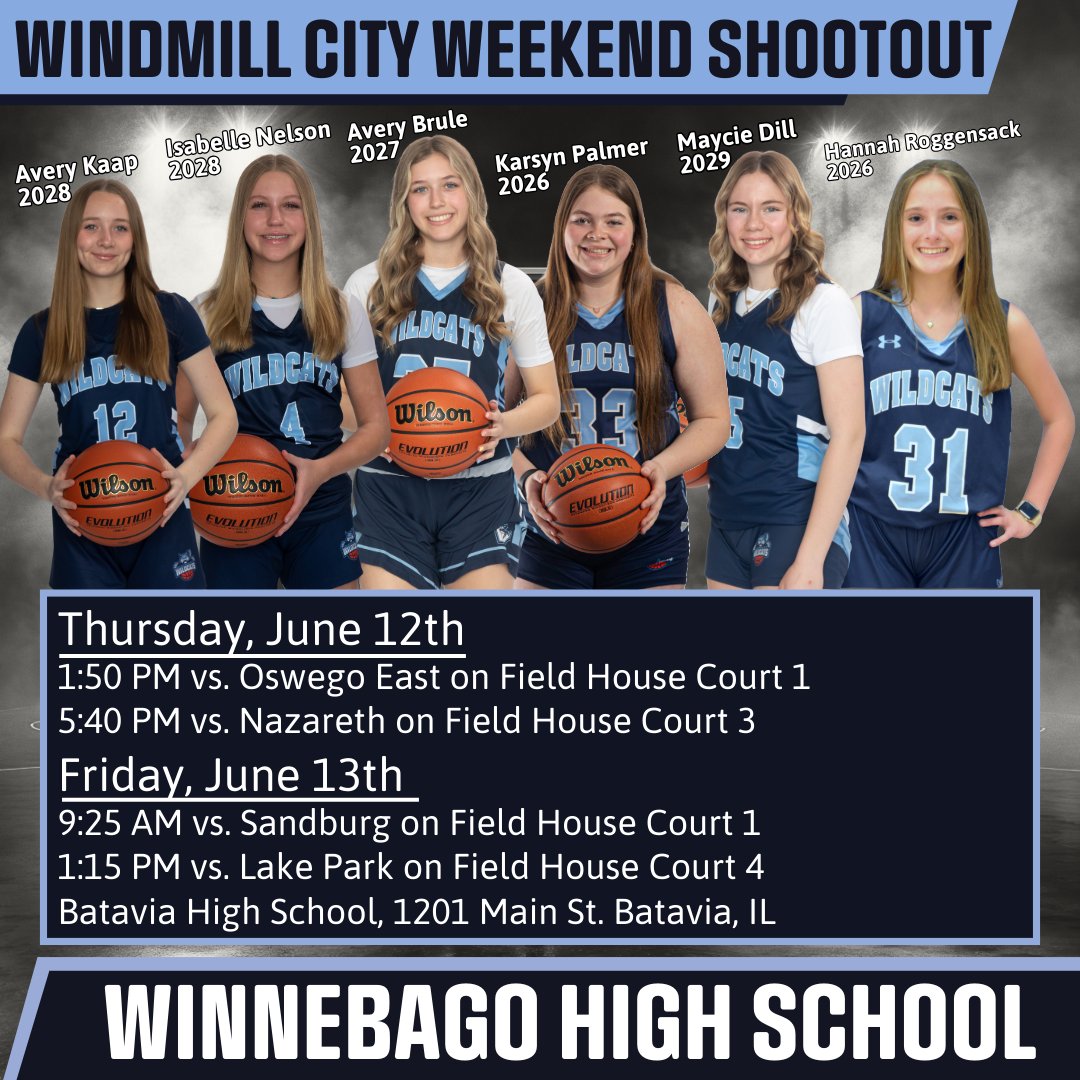Six Wildcats will be playing for Winnebago High School at the Windmill City Weekend Shootout at Batavia High School. Their first game will tip off Thursday, June 12th, at 1:50 PM on field House court 1. Good luck, Girls!