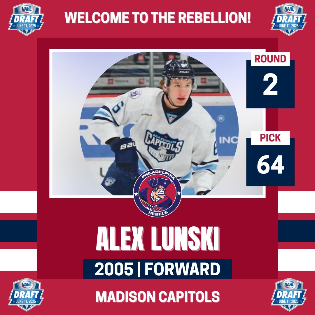 With the 64th overall pick of the 2025 NAHL Draft, the Rebels have selected 2005 forward Alex Lunski from the Madison Capitols of the USHL.