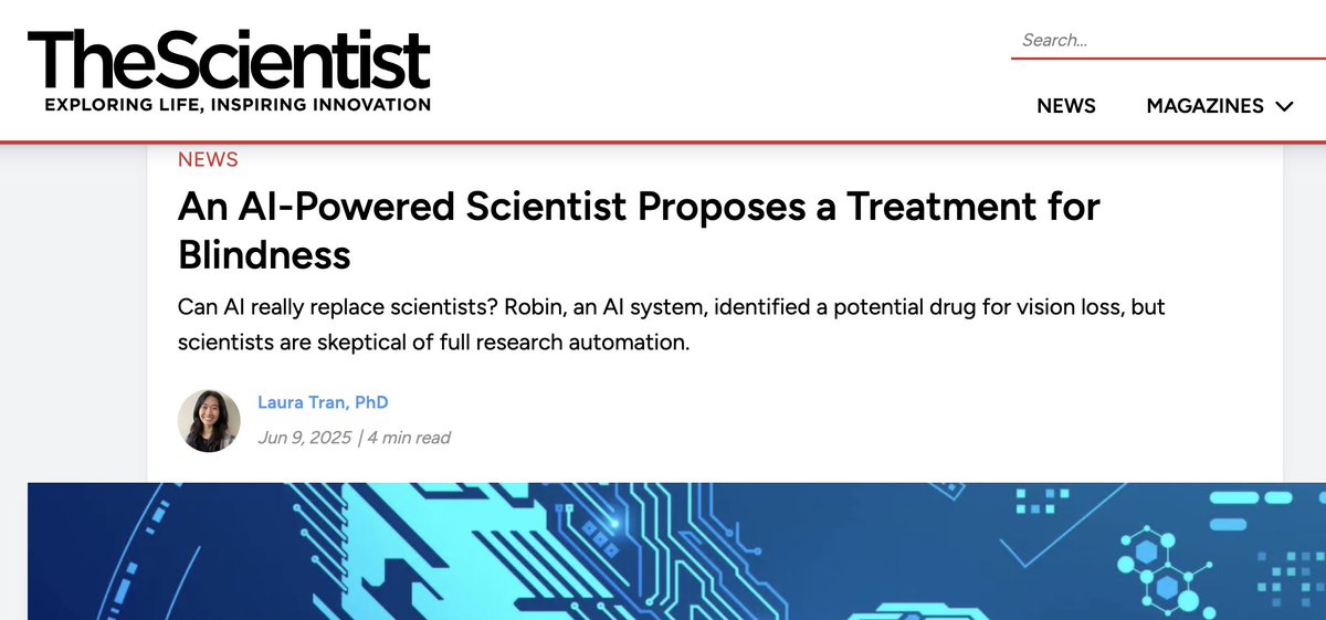 FutureHouse (@futurehousesf) on Twitter photo Thanks to <a href="/TheScientistLLC/">The Scientist</a> for highlighting our recent work on making novel discoveries with our Robin model! Thanks to <a href="/TheScientistLLC/">The Scientist</a> for highlighting our recent work on making novel discoveries with our Robin model!