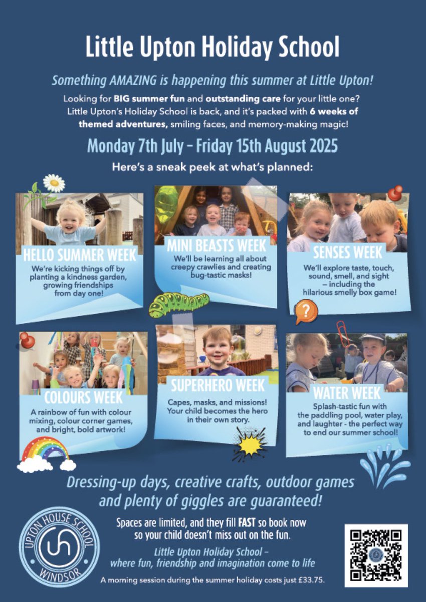 ☀️🪲🌼🌈🦸‍♂️Book now to guarantee your place for our Little Upton Holiday School 🦸‍♂️🌈🌼🪲☀️

💭 Looking for BIG summer fun and outstanding care for your little one?

📣 Little Upton’s Holiday School is back, and it’s packed with 6 weeks of themed adventures and memory-making magic!