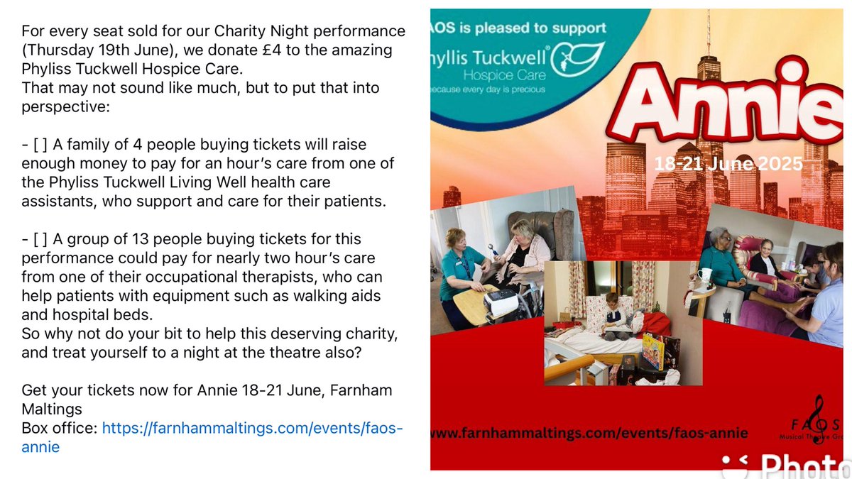 supersampo's tweet photo. Do good for an amazing charity, and enjoy some local theatre featuring talented local youngsters at the same time!

Get your tickets now for Annie 18-21 June, Farnham Maltings
Box office: https://t.co/H6XgWsntex

Photo credit: @PTHospice https://t.co/2UXemGbWHC