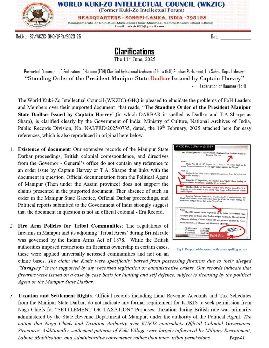KhongsaiChanu's tweet photo. The WKZIC clarifies that a document from FoH is likely fabricated citing :

- No record of document
- Firearms governed by Indian Arms Act 1878
-No Naga taxation authority
-Kukis are indigenous
-Document format/language inconsistent
-Repatriated Indians from Burma aren't refugees https://t.co/7yjoPqTo2y