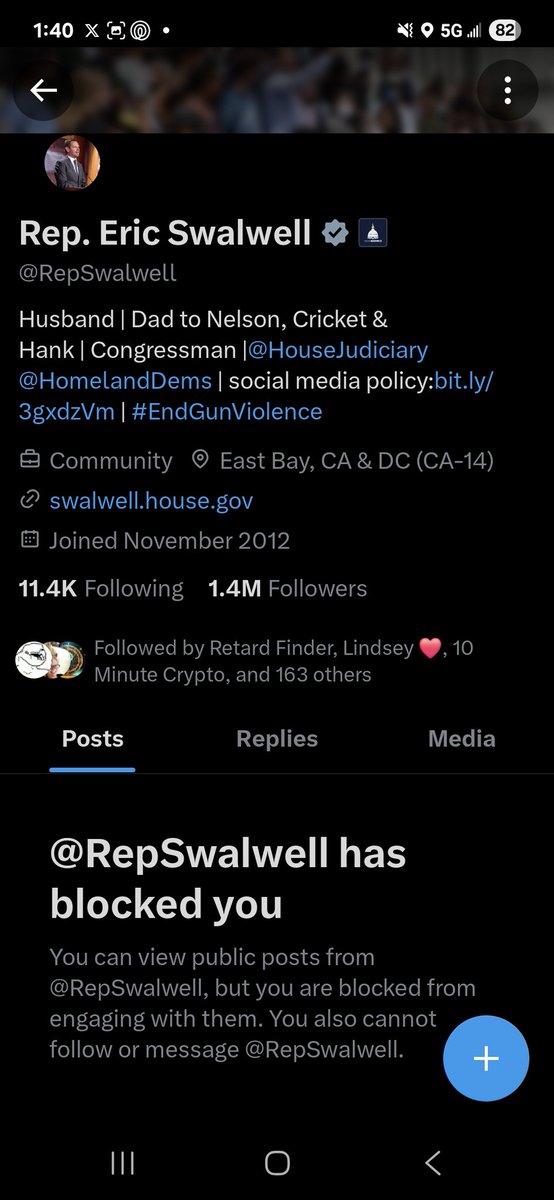 <a href="/LauraLoomer/">Laura Loomer</a> Is it <a href="/RepSwalwell/">Rep. Eric Swalwell</a> blocking people on his official x account 8n violation of their 1st Amendment?