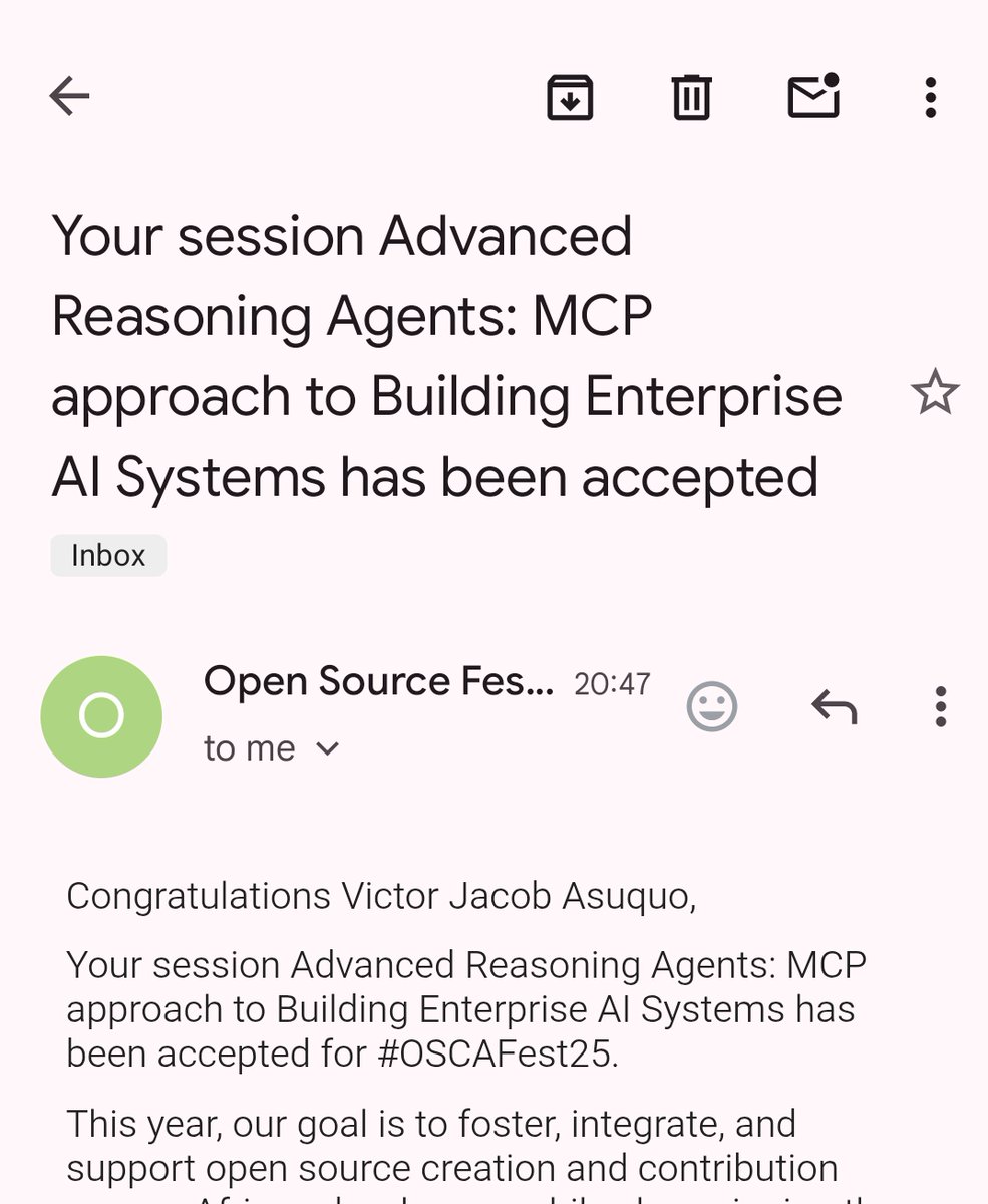 Victor Asuquo ML🧾 (@victor_ml_ai) on Twitter photo My talk for #oscafest25 has been accepted 🎉🎉🎉
- Advanced Reasoning Agents:MCP Approach to Building Enterprise AI Systems
#AI has been my dream, I can't wait guys 🎉🎉🔥
Thank you <a href="/osca_hq/">Open Source Community Africa</a>, <a href="/olanetsoft/">I D R I S</a>, <a href="/IkegahRuth/">💛</a>, <a href="/Samson_Goddy/">Samson Goddy</a>, <a href="/Didicodes/">Edidiong Asikpo (Didi)</a> all at #opensourceafrica My talk for #oscafest25 has been accepted 🎉🎉🎉
- Advanced Reasoning Agents:MCP Approach to Building Enterprise AI Systems
#AI has been my dream, I can't wait guys 🎉🎉🔥
Thank you <a href="/osca_hq/">Open Source Community Africa</a>, <a href="/olanetsoft/">I D R I S</a>, <a href="/IkegahRuth/">💛</a>, <a href="/Samson_Goddy/">Samson Goddy</a>, <a href="/Didicodes/">Edidiong Asikpo (Didi)</a> all at #opensourceafrica