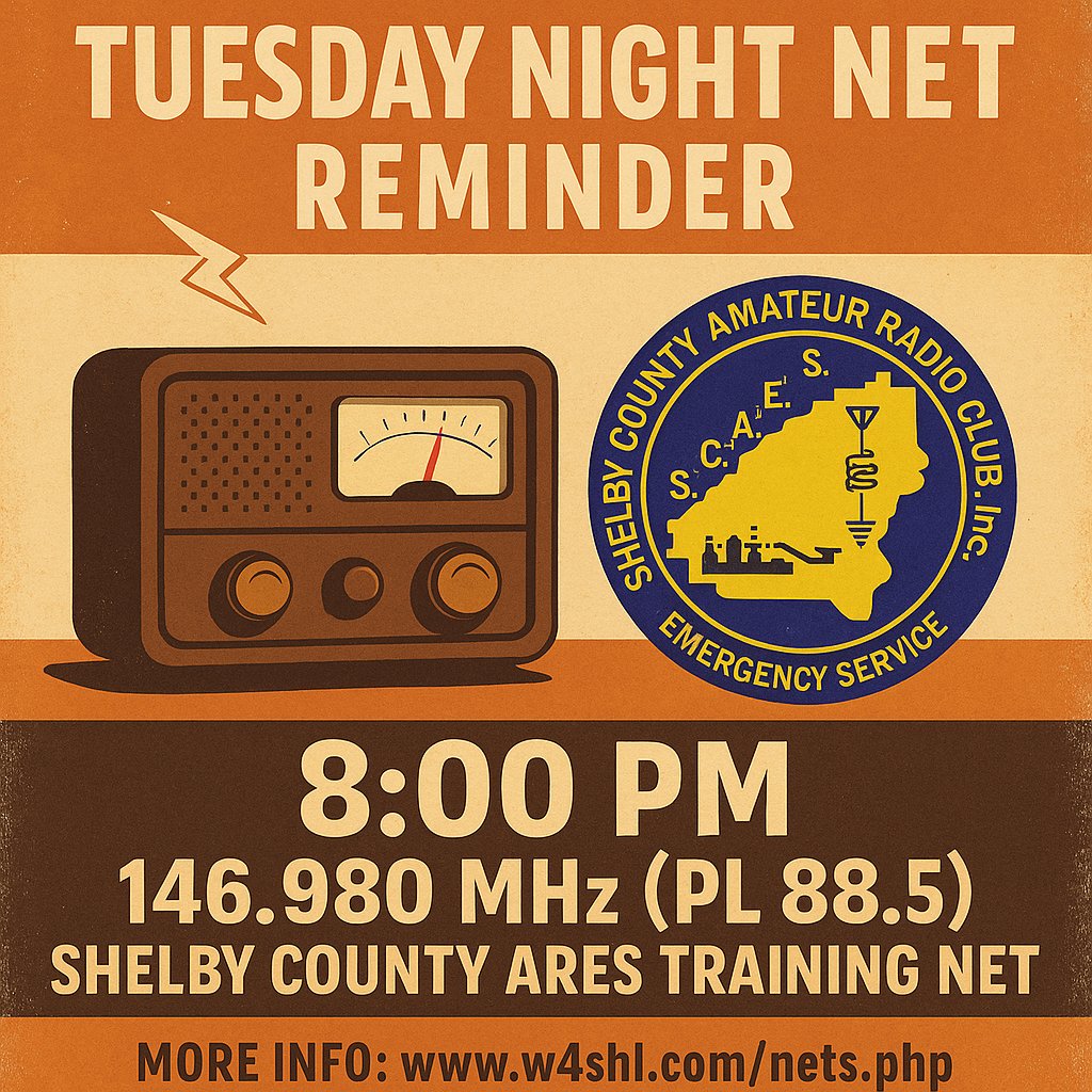 Weekly reminder time!  The club has a weekly net,  Tuesdays at 8 PM.  If you're a licensed amateur, be sure to check-in.  Details in the graphic or at w4shl.com/nets.php.
#SCARC #W4SHL #HamRadio #weeklynet #practiceyourskills