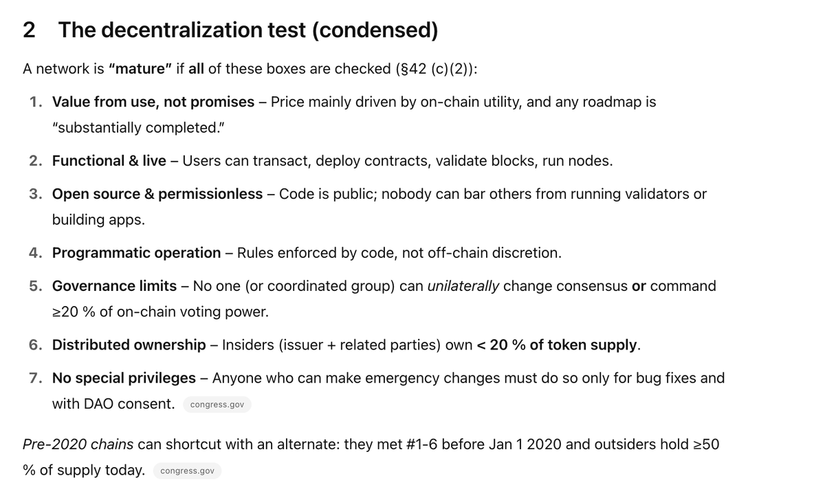RyanSAdams's tweet photo. Most fascinating part of the CLARITY act in the House is the bright line decentralization test.

Pass - token is a commodity ✅
Fail - token likely a security❌

According to chatgpt...

BTC, ETH, LTC, XMR, Doge currently pass.

XRP, BNB, SOL, Tron, Aptos, Sui currently fail. https://t.co/SLiuwHFYvk