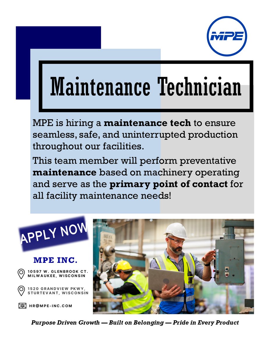 MPEDsignDeliver's tweet photo. MPE Inc. is currently hiring for a Maintenance Technician who is passionate about hands-on work, problem-solving, and making sure our operations never skip a beat. If that's 💥Y-O-U💥 apply online today at https://t.co/8Kumpw5mE8 https://t.co/Wi6ehmlVyV