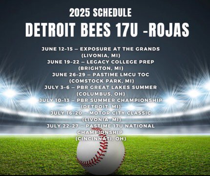 Detroit Bees MRT 17U (@bees17u) on Twitter photo Excited to announce our pitching rotation for this weekends <a href="/ExposedatGrands/">Exposure at the Grands</a> . Locations and Times Below!
Game 1- <a href="/EastonCurry9/">Easton Curry</a>/<a href="/ClemonsZacharia/">Zacharia Clemons</a>
Game 2- <a href="/vincemiano1/">Vincent Miano</a>
Game 3- <a href="/TylerPhillips_/">Tyler Phillips</a>
Game 4- <a href="/BrossiaDevin/">Devin Brossia</a>
Relievers: <a href="/corbink_4/">Corbin Kern</a> <a href="/jakob_sturgeon2/">Jakob Sturgeon</a> <a href="/devin_ekpa/">Devin Ekpa</a> <a href="/Owen_Enszer/">Owen Enszer</a> Excited to announce our pitching rotation for this weekends <a href="/ExposedatGrands/">Exposure at the Grands</a> . Locations and Times Below!
Game 1- <a href="/EastonCurry9/">Easton Curry</a>/<a href="/ClemonsZacharia/">Zacharia Clemons</a>
Game 2- <a href="/vincemiano1/">Vincent Miano</a>
Game 3- <a href="/TylerPhillips_/">Tyler Phillips</a>
Game 4- <a href="/BrossiaDevin/">Devin Brossia</a>
Relievers: <a href="/corbink_4/">Corbin Kern</a> <a href="/jakob_sturgeon2/">Jakob Sturgeon</a> <a href="/devin_ekpa/">Devin Ekpa</a> <a href="/Owen_Enszer/">Owen Enszer</a>
