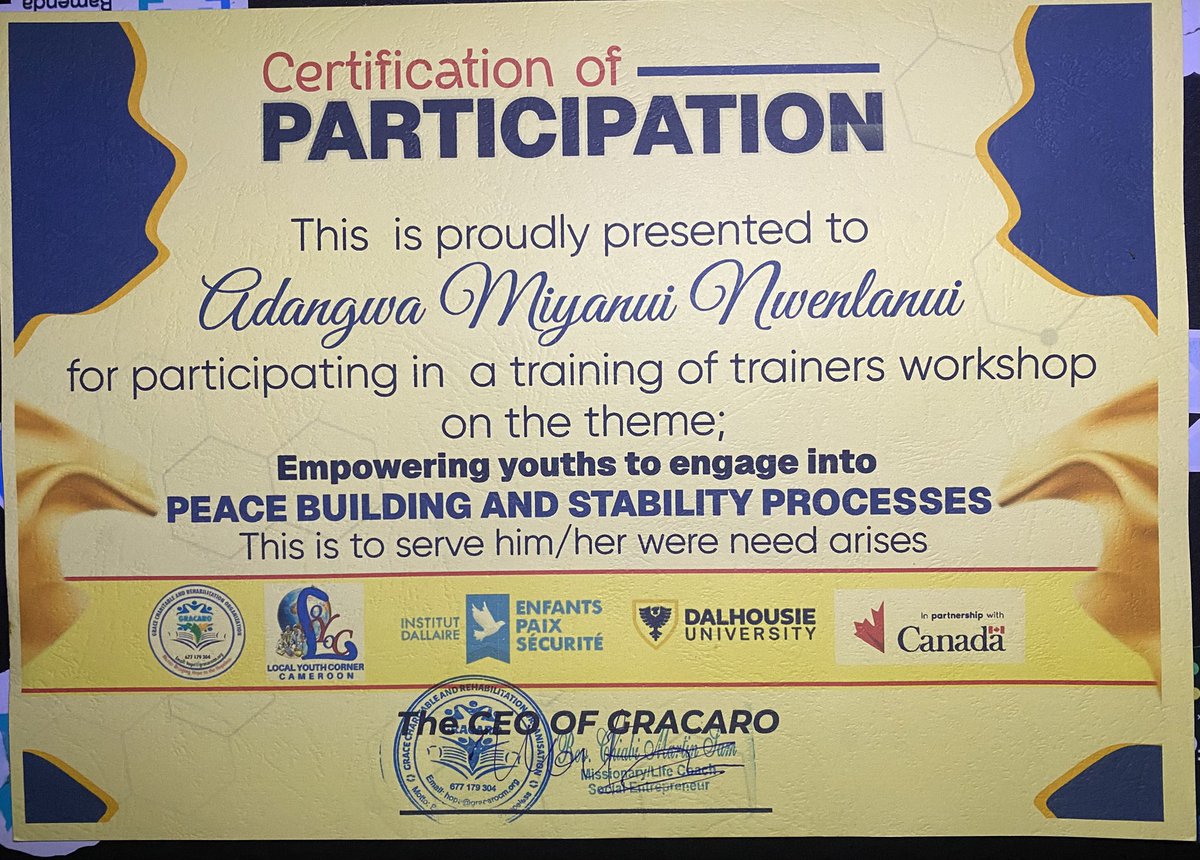 I'm thrilled to share that I've completed a training workshop on Peace Building and Stability Processes, organized by GRACARO in partnership with LOYOC Cameroon! 

#PeaceBuilding #ConflictResolution
#YouthEmpowerment #Stability
#Mediation