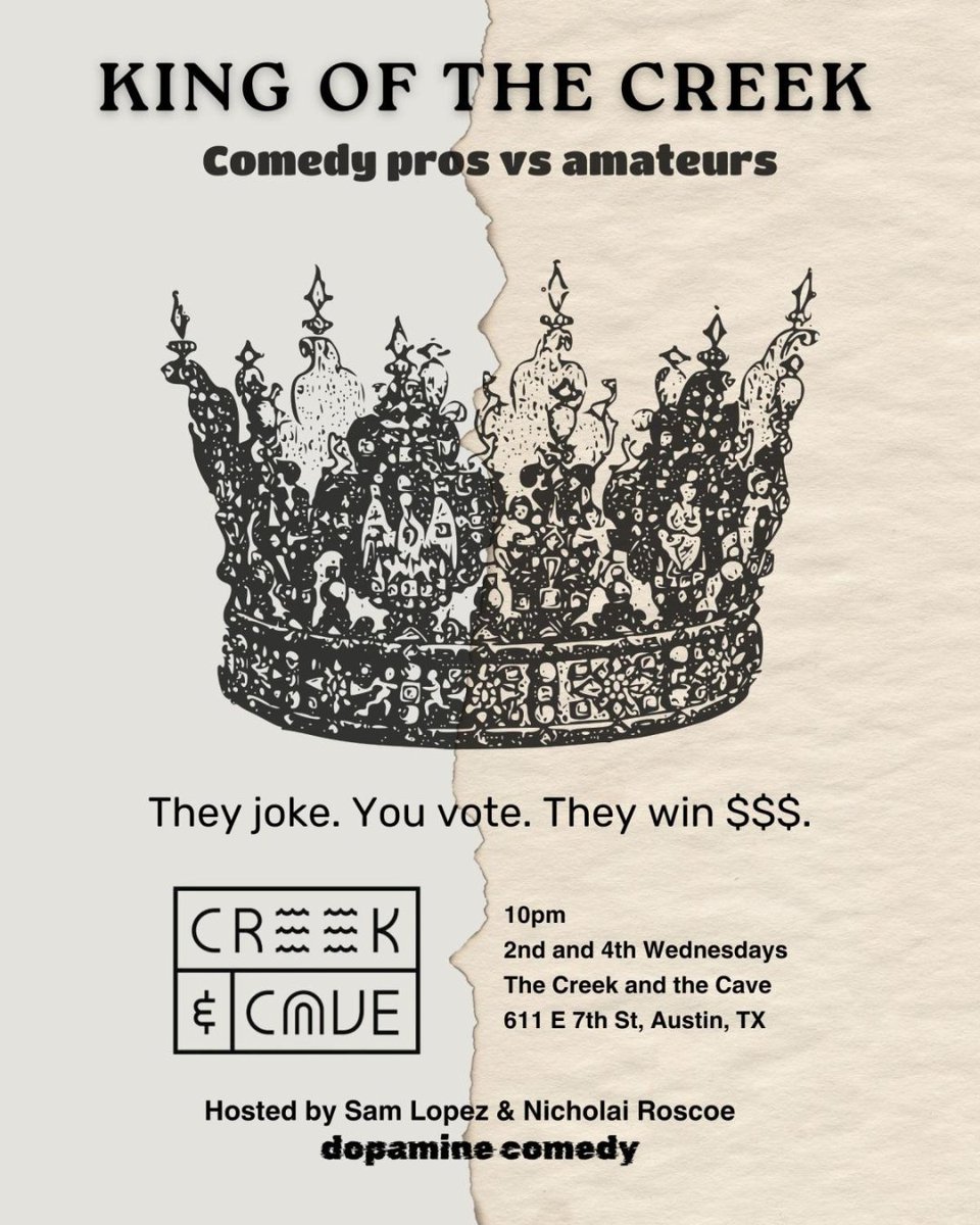 Tonight at The Creek! 📍 Gash &amp; Friends at 8pm, King of The Creek at 10pm, open mics at 6pm + midnight! Get tickets &amp; come hang: creekandcave.com/#shows