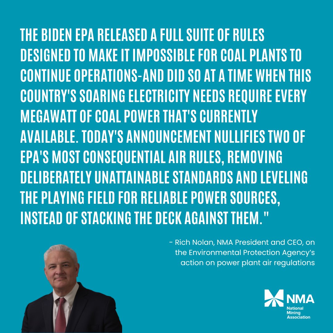 The National Mining Association (NMA) issued the following statement from its President and CEO Rich Nolan on today's announcement from the Environmental Protection Agency (EPA) concerning two power plant air regulations. Read the full release here: nma.org/2025/06/11/nma…