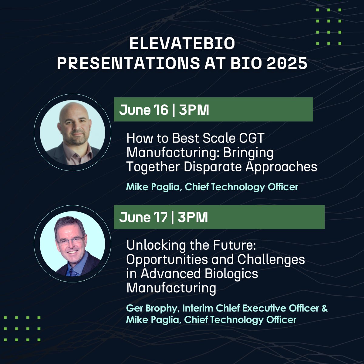 ElevateBio (@elevatebio) on Twitter photo We're headed to <a href="/IAmBiotech/">Biotechnology Innovation Organization</a> 2025! Join Ger Brophy & Mike Paglia for the following panel discussions. Let's connect there! #BIO2025 We're headed to <a href="/IAmBiotech/">Biotechnology Innovation Organization</a> 2025! Join Ger Brophy & Mike Paglia for the following panel discussions. Let's connect there! #BIO2025