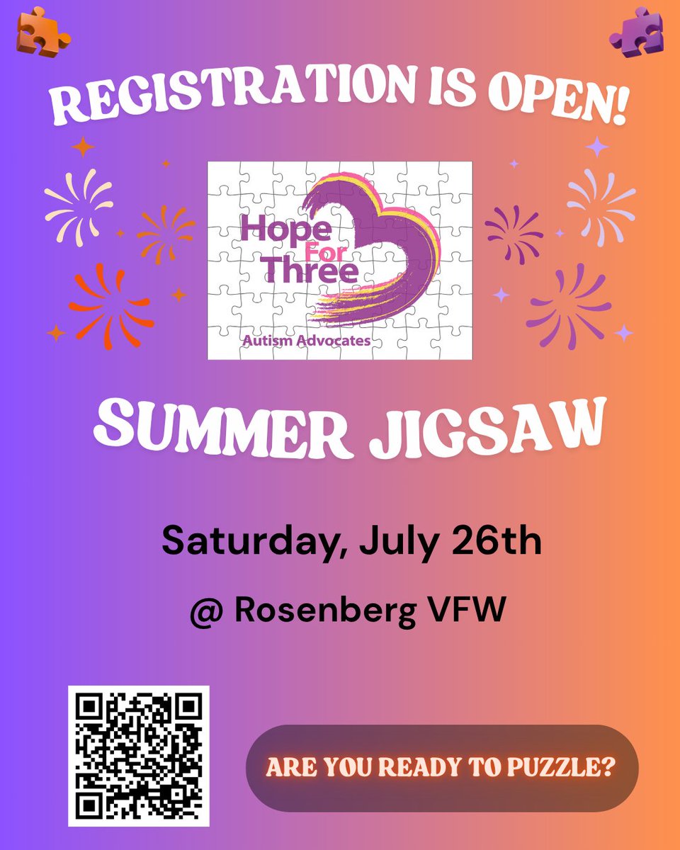 Hope_for_three's tweet image. You asked for it… 
Hope For Three’s Summer Puzzle Competition is happening Saturday, July 26 at Rosenberg VFW! 
Soooo bring your A-game because you’re in for a good time. 
hopeforthree.org/events/
 #HopeForThree #SummerPuzzle2025 #PieceItTogether