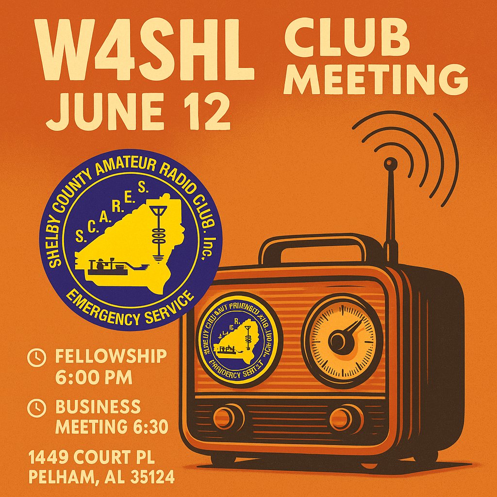 The Shelby County Club meets tonight at 1449 Court Pl, Pelham, AL. Also via zoom. Doors open at 6PM.  Meetings are open to the public. Join us to learn about HAM radio and SCARC. #w4shl #SCARCAL #shelbycountal #amateurradio #shelbycountalabama #hamradio #AmateurRadio #HAMradio