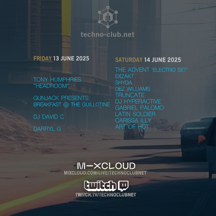 This week @ techno-club.net w/ Tony Humphries, Exzakt, Gunjack, Darryl G, Shyda, Dez Williams, Truncate, DJ Hyperactive, Gabriel Palomo, Latin Soldier, Carissa Illy &amp; Art of Hot

free live video streams @ mixcloud.com/live/TechnoClu…
&amp;
twitch.tv/technoclubnet