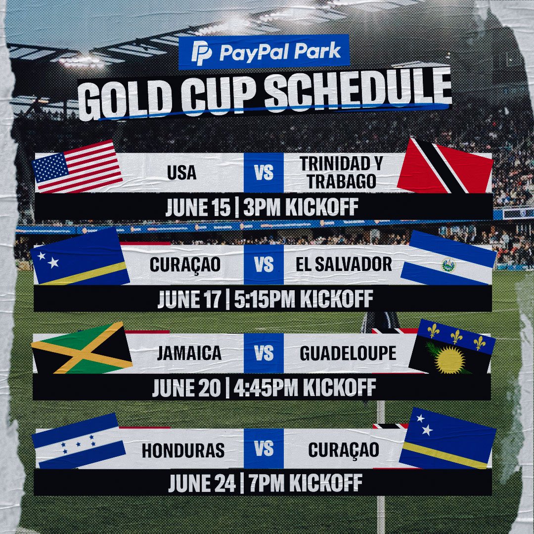 PayPal Park (@paypalpark) on Twitter photo ๐๐ค๐ก๐ ๐พ๐ช๐ฅ ๐๐ฉ ๐๐๐ฎ๐๐๐ก ๐๐๐ง๐ ๐
๐ฅ 4 matches in June!
๐๏ธJune 15 at 3pm | ๐บ๐ธ vs. ๐น๐น
๐๏ธ June 17 at 5:15pm | ๐จ๐ผ vs. ๐ธ๐ป
๐๏ธ June 20 at 4:45pm | ๐ฏ๐ฒ vs. ๐ฌ๐ต
๐๏ธ June 24 at 7pm | ๐ญ๐ณ vs. ๐จ๐ผ
๐๏ธ Link: sjearthquakes.com/paypalpark/eveโฆ ๐๐ค๐ก๐ ๐พ๐ช๐ฅ ๐๐ฉ ๐๐๐ฎ๐๐๐ก ๐๐๐ง๐ ๐
๐ฅ 4 matches in June!
๐๏ธJune 15 at 3pm | ๐บ๐ธ vs. ๐น๐น
๐๏ธ June 17 at 5:15pm | ๐จ๐ผ vs. ๐ธ๐ป
๐๏ธ June 20 at 4:45pm | ๐ฏ๐ฒ vs. ๐ฌ๐ต
๐๏ธ June 24 at 7pm | ๐ญ๐ณ vs. ๐จ๐ผ
๐๏ธ Link: sjearthquakes.com/paypalpark/eveโฆ