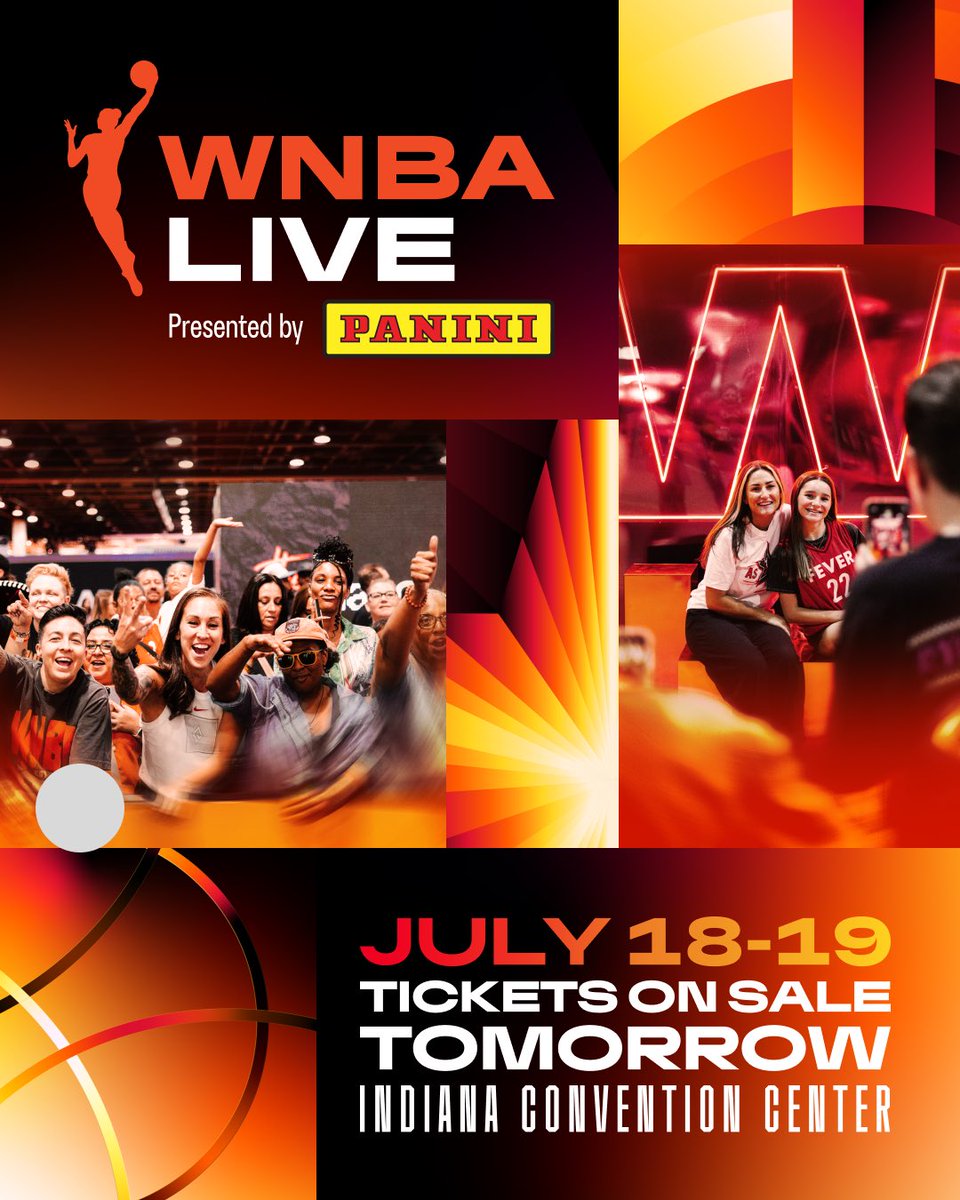 WNBA's tweet photo. WNBA Live is back—and tickets drop TOMORROW 🎟️
Grab your spot for the ultimate fan experience, July 18-19 at the Indiana Convention Center during 2025 AT&T WNBA All-Star.
You won’t want to miss this! #WNBALive presented by Panini. https://t.co/Kioelf2k0x