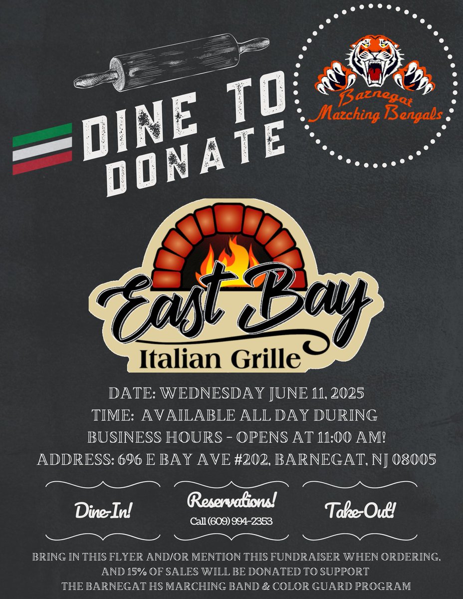 Tonight! Come support the Barnegat High School Marching Bengals for our dine to donate proceeds fundraiser at East Bay Grille in Barnegat! Hope to see you there, and thank you for your support! #barnegatpride #barnegatinspires #barnegatperformingarts