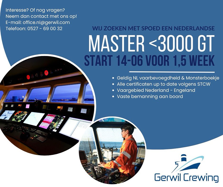 GerwilCrewing's tweet photo. Met spoed op zoek naar een NL MASTER <3000 GT.

Betreft een korte aflos klus van 1 tot 1,5 week en opstappen in Rotterdam op 14 juni

Ben jij in het bezit van alle geldige papieren? Neem dan contact op met Gerwil Crewing:
📱 0527 690032
📩 office.nl@gerwil.com https://t.co/fYzHfysA4X