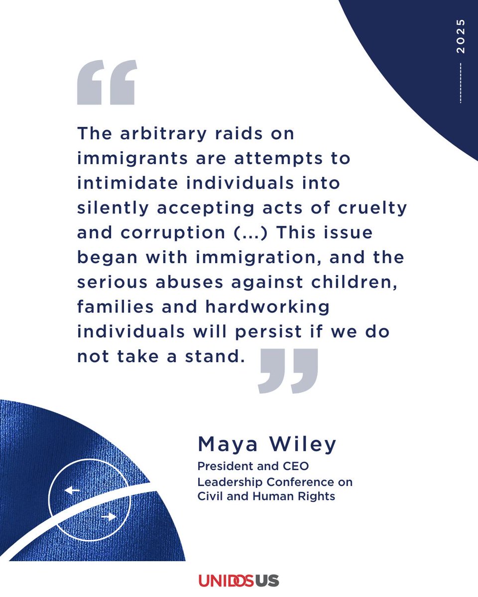 UnidosUS (@weareunidosus) on Twitter photo What the Trump administration is doing in LA isn’t about immigration enforcement — it’s about crushing dissent to its cruel policies. The civil rights community is raising the alarm. Watch: bit.ly/4n4NTk7
<a href="/JMurguia_Unidos/">Janet Murguía</a> <a href="/NatUrbanLeague/">National Urban League</a> <a href="/HispanicFed/">Hispanic Federation</a> <a href="/civilrightsorg/">The Leadership Conference</a> What the Trump administration is doing in LA isn’t about immigration enforcement — it’s about crushing dissent to its cruel policies. The civil rights community is raising the alarm. Watch: bit.ly/4n4NTk7
<a href="/JMurguia_Unidos/">Janet Murguía</a> <a href="/NatUrbanLeague/">National Urban League</a> <a href="/HispanicFed/">Hispanic Federation</a> <a href="/civilrightsorg/">The Leadership Conference</a>