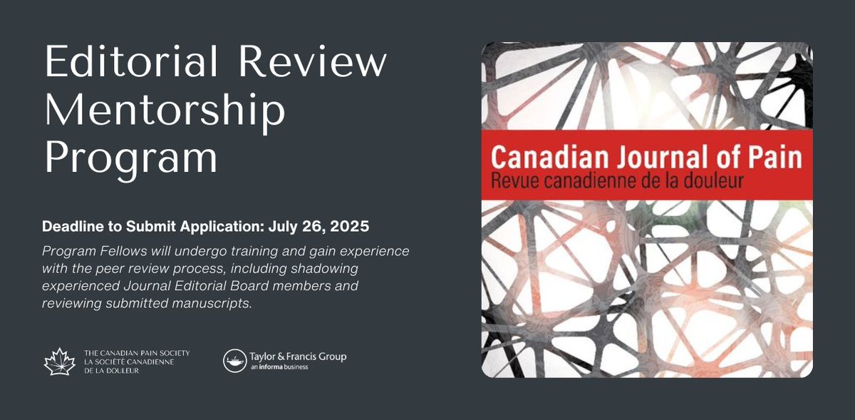 Canadian Pain Society (@canadianpain) on Twitter photo Canadian Journal of Pain: Editorial Review Mentorship Program
🚨 Deadline to submit application: July 26, 2025
🔗 f.mtr.cool/bhuvmfcqlt
<a href="/tandfonline/">Taylor & Francis Research Insights</a> Canadian Journal of Pain: Editorial Review Mentorship Program
🚨 Deadline to submit application: July 26, 2025
🔗 f.mtr.cool/bhuvmfcqlt
<a href="/tandfonline/">Taylor & Francis Research Insights</a>