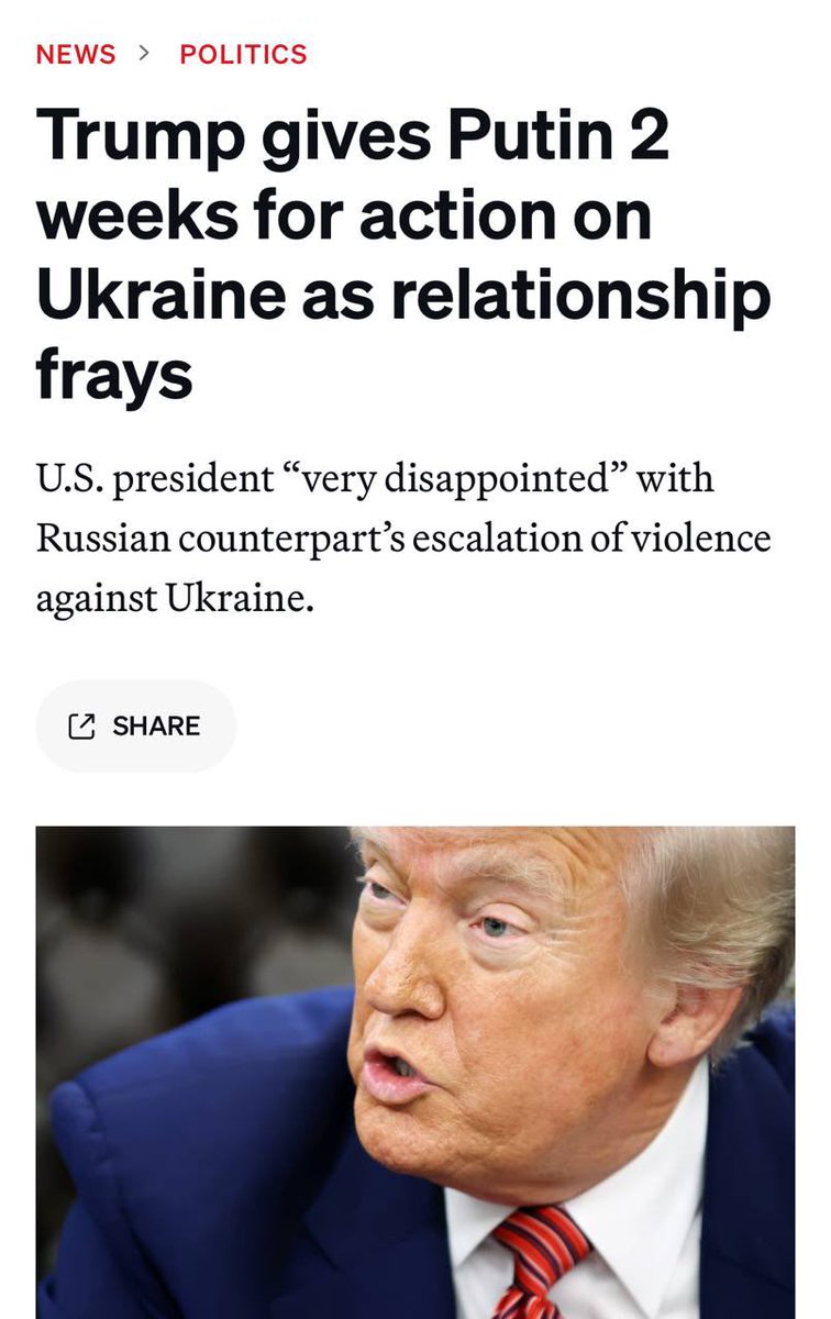 Трамп рівно два тижні тому, 28 травня: "Протягом двох тижнів я повідомлю вам, "водить за ніс" нас путін чи ні, якщо так, то ми відповімо по-іншому"

Де відповід, напудрений?