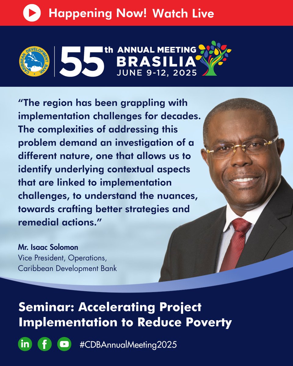 Live Now! Tune into “Accelerating Project Implementation to Reduce Poverty” at #CDBAnnualMeeting2025. 🌍 Experts discuss solving implementation delays to fast-track poverty reduction. Don’t miss this critical dialogue!

Watch live: ow.ly/jvTx50W7YKR