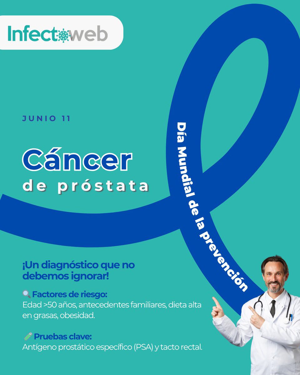 🧬 El cáncer de próstata es el más común en hombres.
🔹 Detección temprana = mayor supervivencia
🔹 Chequeos desde los 50 (o antes si hay riesgo)
🔹 PSA + tacto rectal salvan vidas

👉 Hablemos de prevención. #Infectoweb #CáncerDePróstata #SaludMasculina
