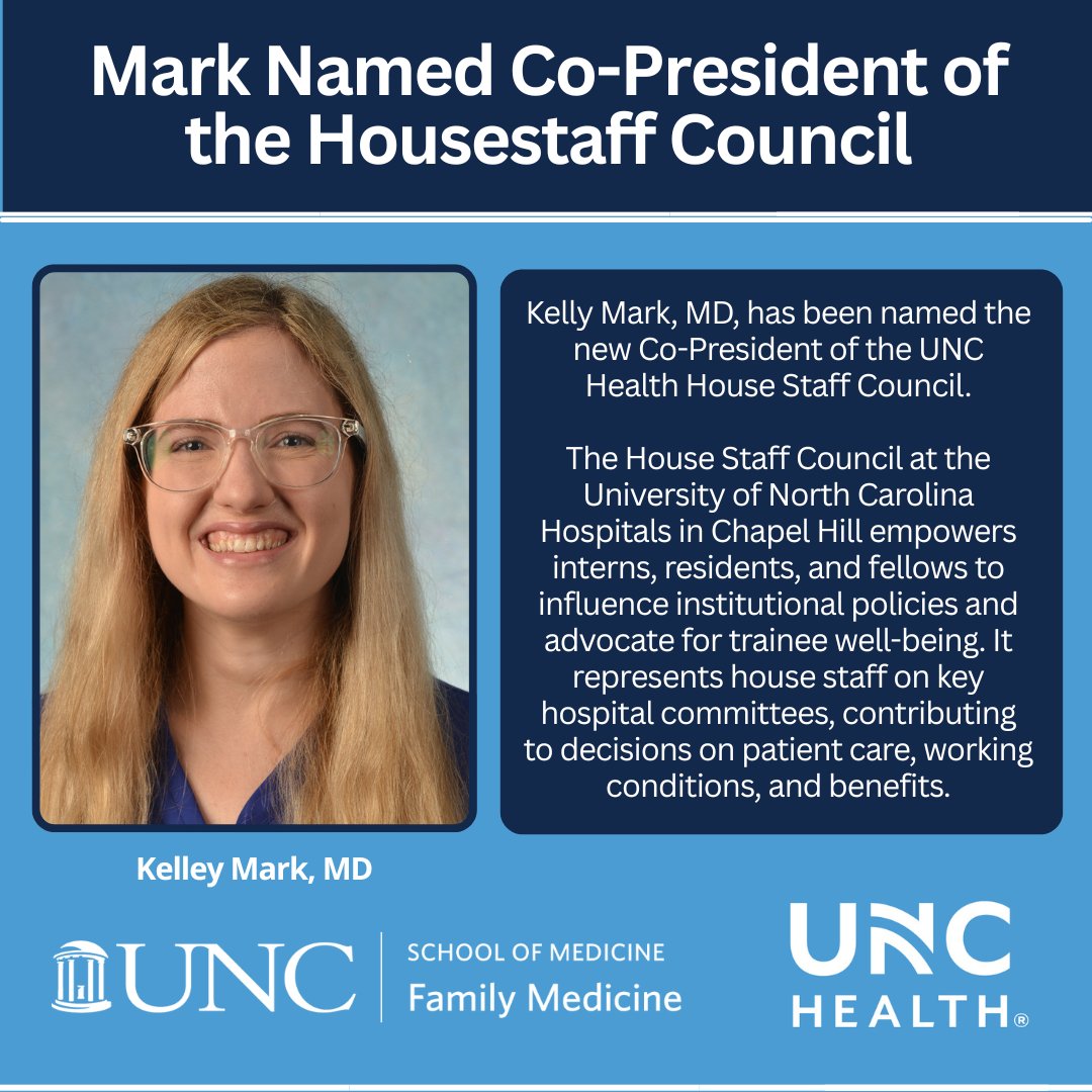 Upcoming 3rd year resident Kelly Mark, MD, has been named the new Co-President of the UNC Health House Staff Council!

We're proud that the UNC Family Medicine Residency program continues to grow future leaders in medicine.