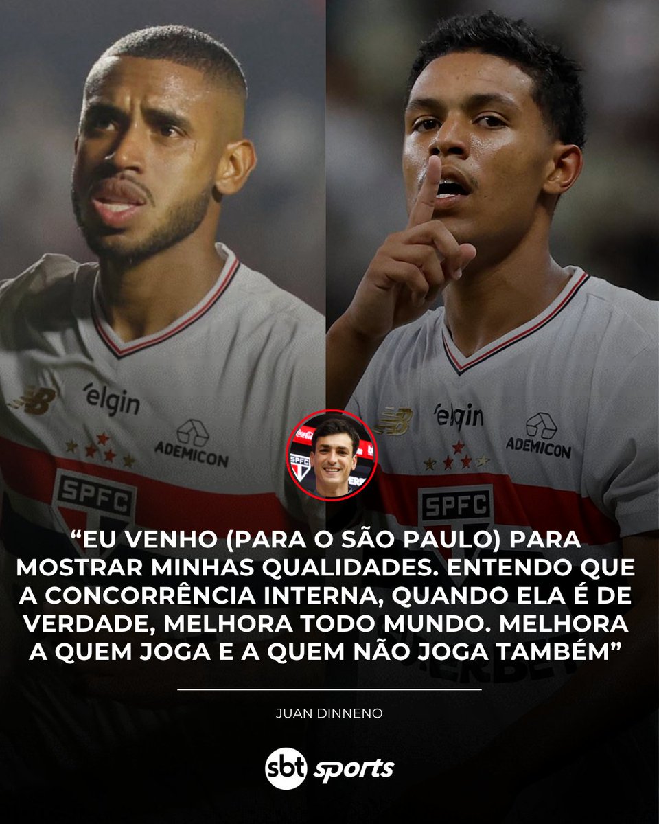 Vem para aumentar a concorrência no ataque do Tricolor! 🇾🇪 O centroavante Juan Dinneno falou a respeito de disputar posição com André Silva e Ryan Francisco no São Paulo e disse que essa concorrência pode "melhorar todo mundo"! #SBTSports

📸 Rubens Chiri e Paulo Pinto/Saopaulofc