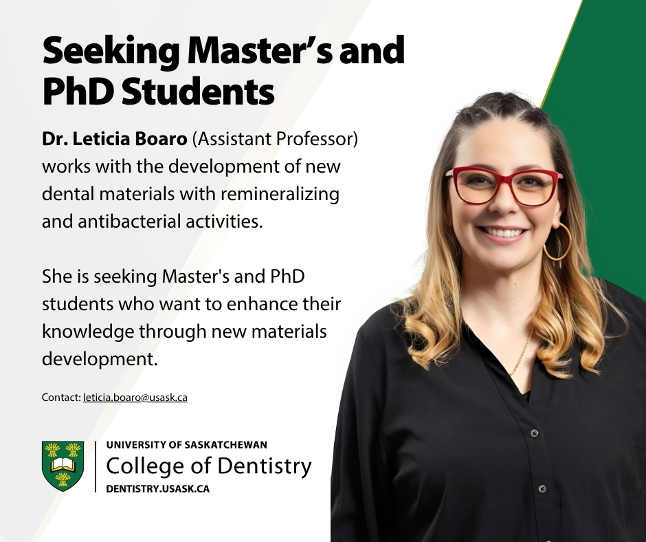 USask College of Dentistry (@usaskdentistry) on Twitter photo Dr Leticia Boaro DDS, MSC, PhD (Assistant Professor) is looking for master's and PhD students who want to enhance their knowledge through new materials development.
If you would like to join Dr. Boaro's team, please contact her at leticia.boaro@usask.ca to schedule an interview. Dr Leticia Boaro DDS, MSC, PhD (Assistant Professor) is looking for master's and PhD students who want to enhance their knowledge through new materials development.
If you would like to join Dr. Boaro's team, please contact her at leticia.boaro@usask.ca to schedule an interview.