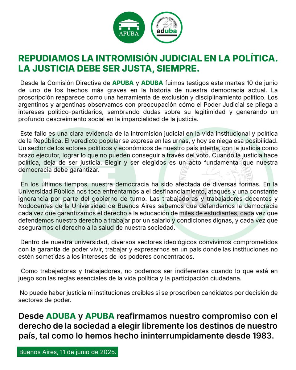 APUBA's tweet image. COMUNICADO DE APUBA Y ADUBA.

REPUDIAMOS LA INTROMISIÓN JUDICIAL EN LA POLÍTICA. LA JUSTICIA DEBE SER JUSTA, SIEMPRE.