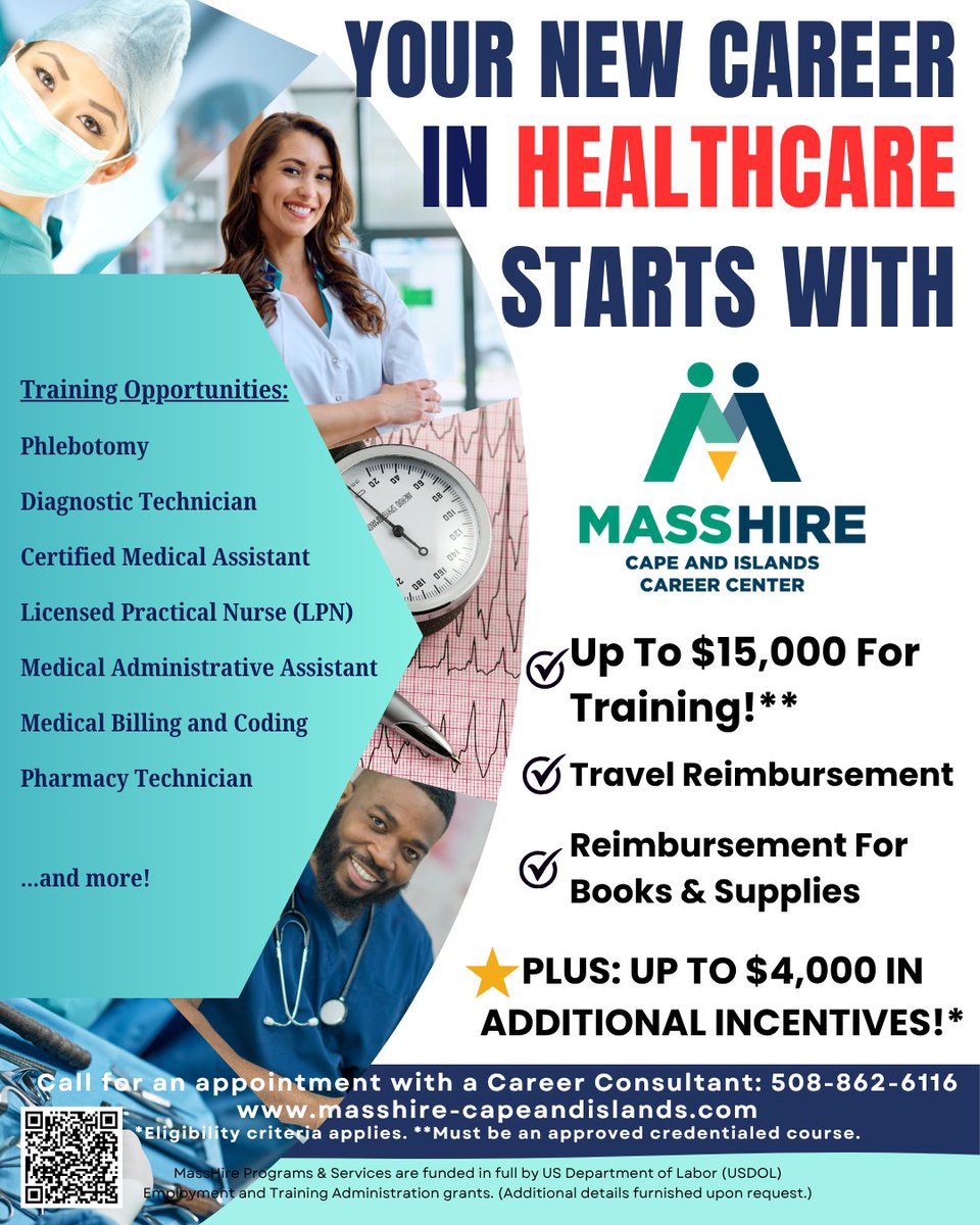Did you know the MassHire Cape &amp; Islands Career Center offers up to $15,000 for training? You can also earn up to $4,000 in incentives while you train! If you're unemployed or underemployed, you might qualify! 
#HealthCareJobs 
#NewJob
#Training
#MassHire